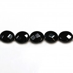 Agate in black color, in round flat faceted shape, 14mm x 4pcs