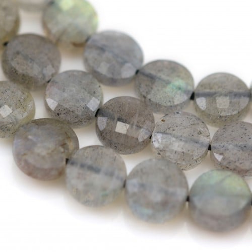 Labradorite grey, in a round flat faceted shape, 6mm x 39cm