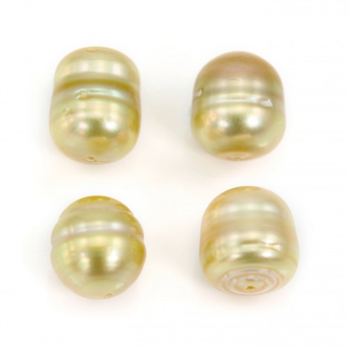 Perla de los Mares del Sur, totalmente perforada, champán, oliva/irregular, 9.5-10mm x 1pc