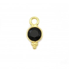 Round faceted black agate charm on gold plated silver 5x11mm x 1pc