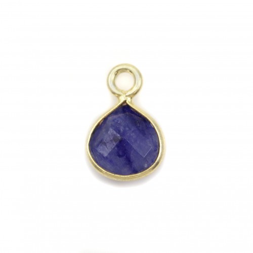 Faceted drop sapphire color treated stone charm on golden silver 7mm x 1pc