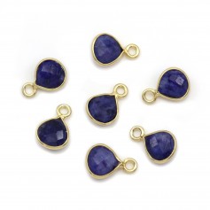 Faceted drop sapphire color treated stone charm on golden silver 7mm x 1pc