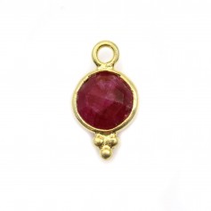 Round faceted ruby color treated stone charm on gold gilt silver 7x13mm x 1pc