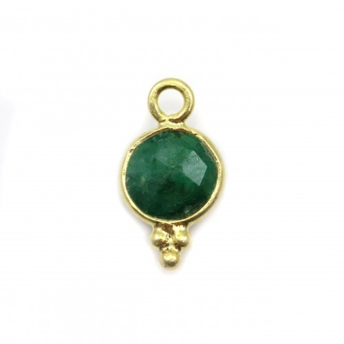 Round faceted emerald color treated stone charm on gold gilt silver 7x13mm x 1pc