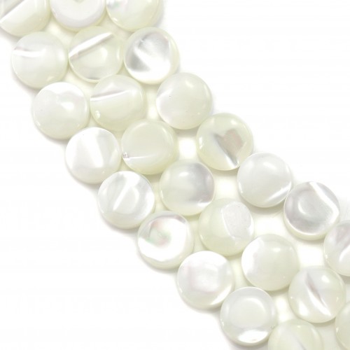 White mother-of-pearl flat round beads on thread 6mm x 40cm