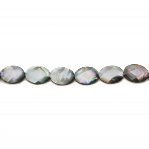 Gray mother-of-pearl faceted oval beads on thread 14x18mm x 40cm