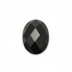 Black agate cabochon, faceted oval 12x16mm x 1pc