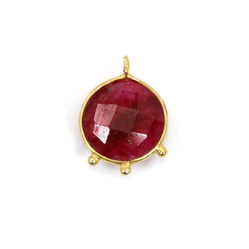 Round faceted ruby color treated stone pendant set in silver 925 fine gold 13mm x 1pc