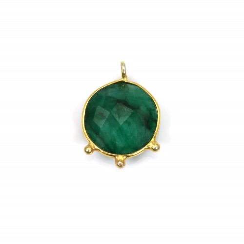 Round faceted emerald color treated stone pendant set in silver 925 fine gold 13mm x 1pc