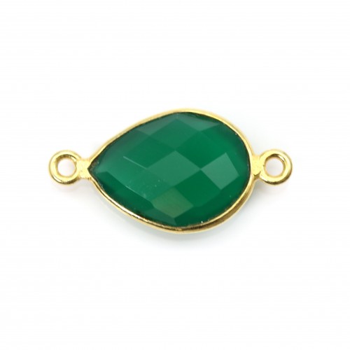 Gota de ágata verde facetada con 2 anillos, dorada en plata 11x15mm x 1pc