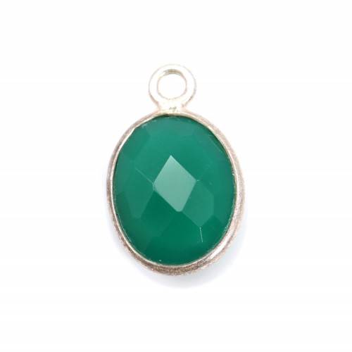 Faceted oval green agate set in silver 10x12mm x 1pc