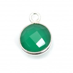 Faceted round shaped green agate set in silver 9mm x 1pc
