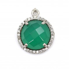 Faceted rhombus green agate set in silver with zirconium 15mm x 1pc