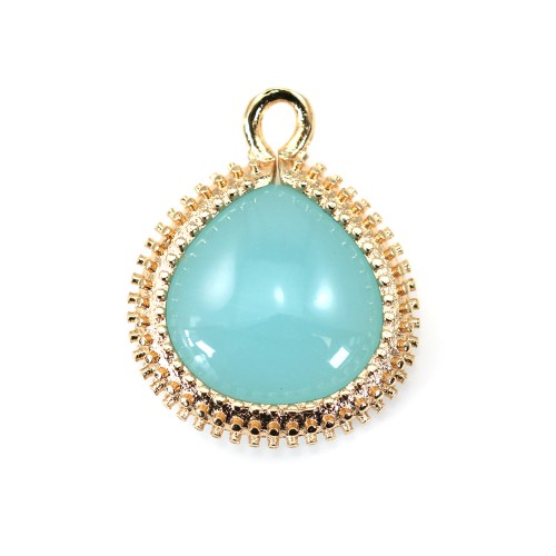 Drop-shape turquoise glass set in golden metal artifactitious 16x19mm x 1pc