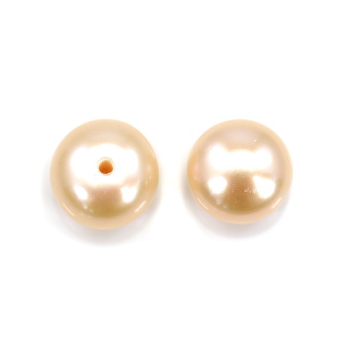 Salmon freshwater cultured pearl, half-drilled, round and flat shape 7-7.5mm x 2pcs