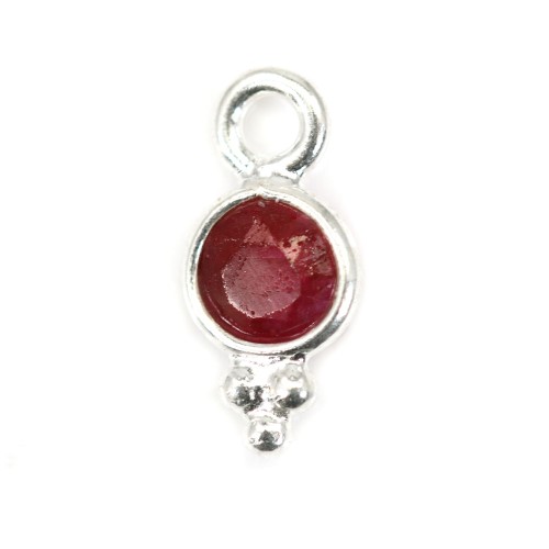 Charm Gemstone dyed ruby color round faceted set silver 925 5x11mm x 1pc