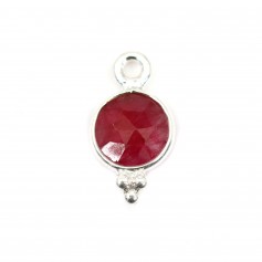 Charm in Gemstone treated ruby color round faceted set silver 925 7x13mm x 1pc