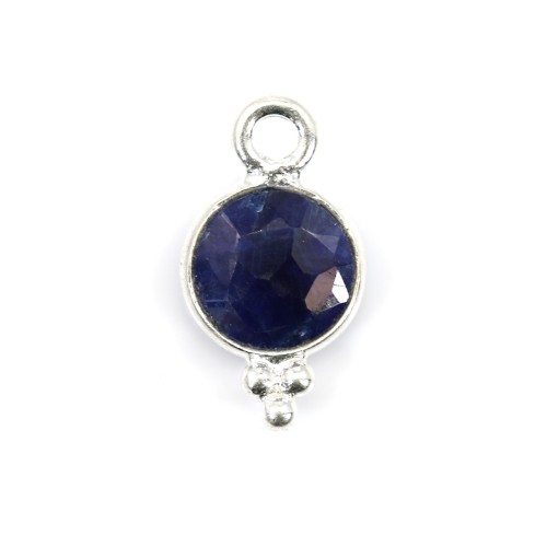Charm in Gemstone dyed sapphire color round faceted set silver 925 7*13mm x 1pc