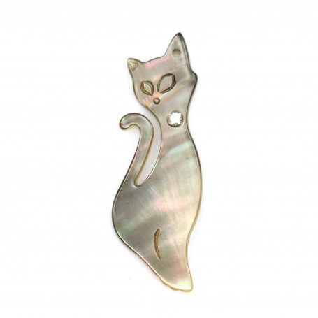 Grey mother-of-pearl in a cat shape with a cubic zirconia 9x25 mm x 1pc