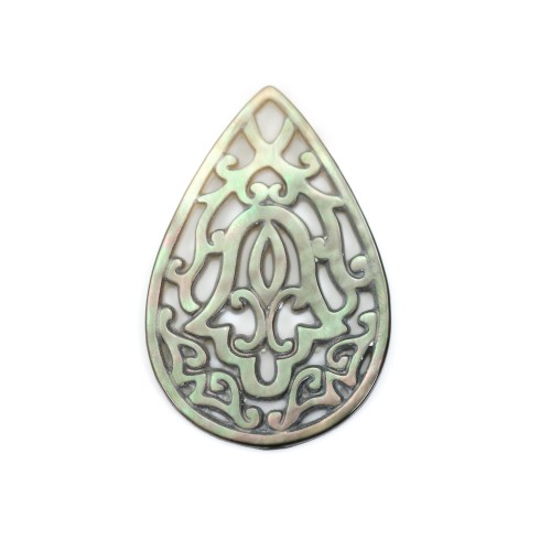 Gray mother-of-pearl in drop shape with openwork 22x32mm x 1pc