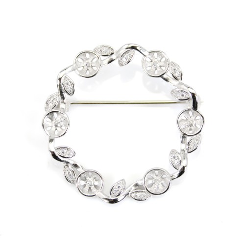 925 silver and zirconium crown shaped brooch for half drilled pearls 38mm x 1pc