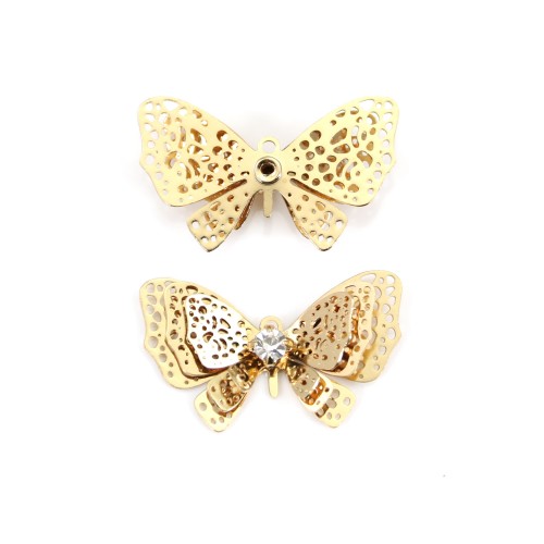 Charme borboleta com zircónio revestido a ouro "flash" sobre latão 12x20mm x 4pcs