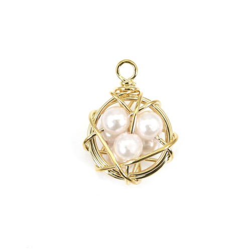 Breloque ronde avec perles , plaqué par "flash" or sur laiton x 1pc