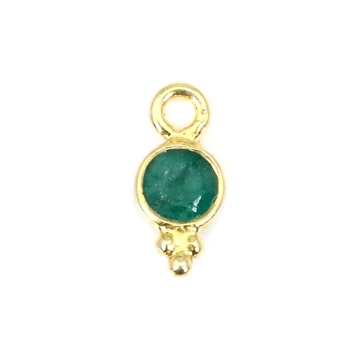 Charm Gemstone tinted emerald color round faceted set silver 925 gilded with fine gold 5x11mm x 1pc