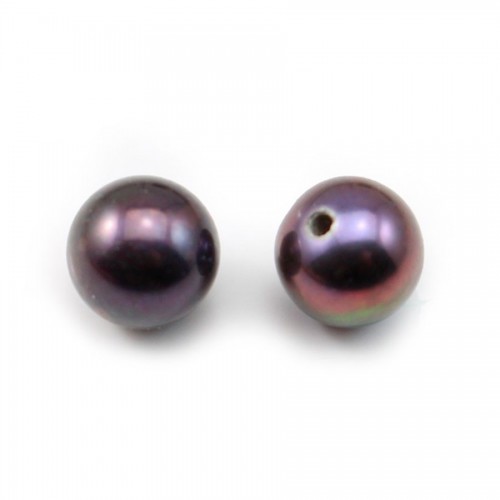 Perla di coltura d'acqua dolce, semi-perforata, viola/blu scuro, rotonda, 6-6,5 mm x 1 pezzo