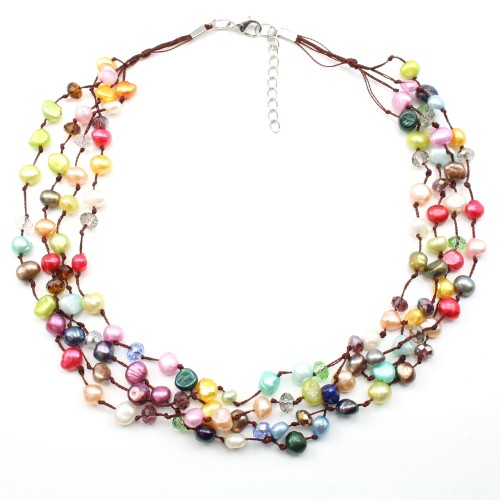 Collar de 4 filas de perlas cultivadas y strass multicolor