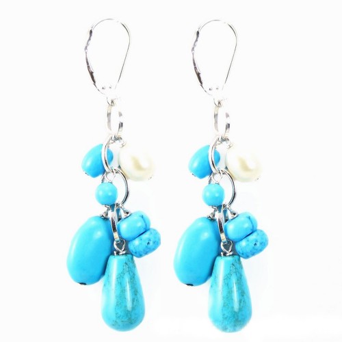 Earring Silver 925 turquoise reconstitué & freshwater cultured pearl dormeuse x 2pcs