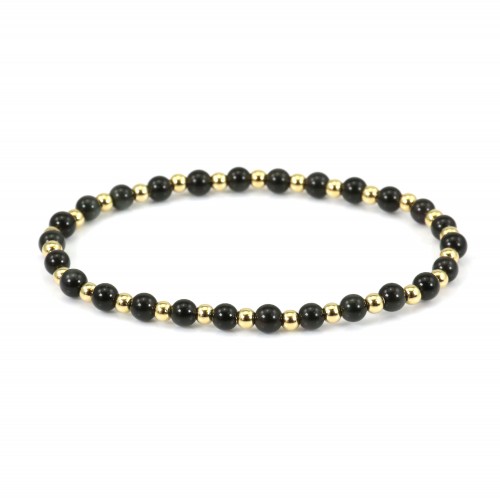 Bracelet obsidienne 4mm, avec perles dorées - Elastique x 1pc